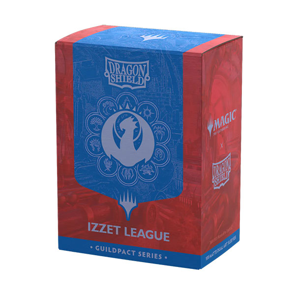 Dragon Shield Dual Sleeves 100ct Box - MTG Guildpact Series - Izzet League (PREORDER) - Red and blue rectangular box of Dragon Shield Dual Sleeves with Izzet League emblem and decorative pattern.