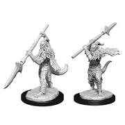 D&D Nolzur's Marvelous Miniatures: Bearded Devils - Two unpainted grey plastic miniatures of bearded devils wielding long polearms, detailed with muscular builds and horned.