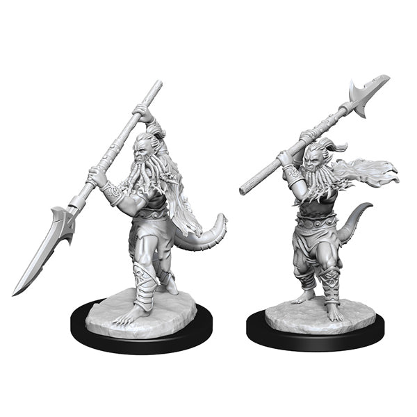 D&D Nolzur's Marvelous Miniatures: Bearded Devils - Two unpainted grey plastic miniatures of bearded devils wielding long polearms, detailed with muscular builds and horned.