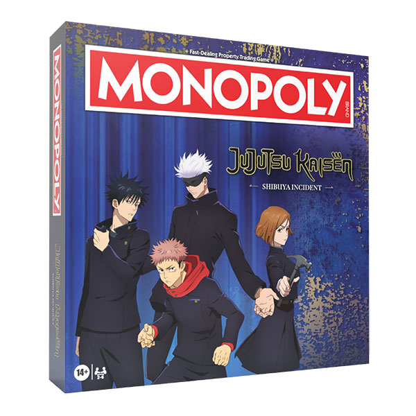 Monopoly: Jujutsu Kaisen- Shibuya Incident (PREORDER) - Monopoly board game box featuring Jujutsu Kaisen Shibuya Incident characters in black uniforms on a blue background with.
