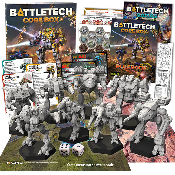 BattleTech: Core Box (PREORDER) - BattleTech Core Box set with detailed gray mech miniatures, rulebook, map tiles, dice, and game cards arranged on a flat.