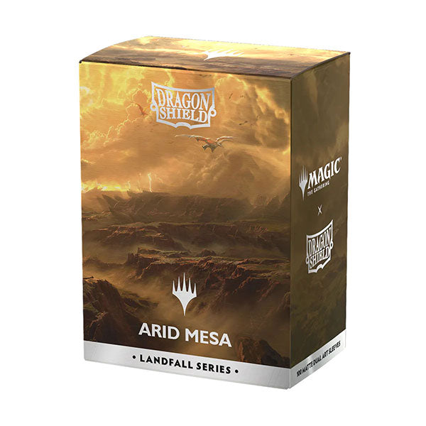 Dragon Shield Standard Dual Matte Art Sleeves 100ct - MTG Landfall Series - Arid Mesa (PREORDER) - Rectangular box with fantasy landscape art in warm brown and gold tones, labeled Dragon Shield Arid Mesa card sleeves.