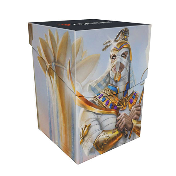 UltraPro Deckbox: 100+ MTG- Aetherdrift- Amonkhet Eternal Might - Rectangular card deckbox with Egyptian-inspired warrior artwork in white, gold, and blue tones, featuring an ornate.