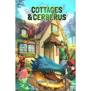 Cottages & Cerberus RPG (PREORDER) - Colorful RPG book cover with a large blue dragon head, cottage house, and three fantasy characters.