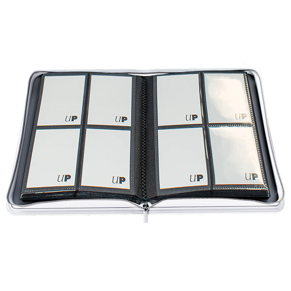 Ultra Pro 4-Pocket Zippered Binder: Vivid - White (PREORDER) - White zippered binder with four clear horizontal card pockets on each page, black trim and stitching.