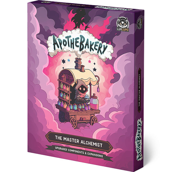 Apothebakery: The Master Alchemist Expansion - The Master Alchemist Expansion featuring a whimsical cart with a cloaked figure surrounded by magical elements.