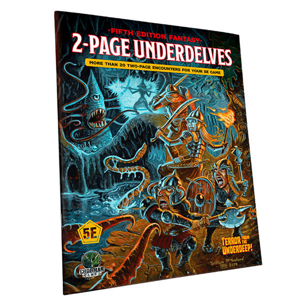 2-Page UnderDelves (5E and DCC RPG) (PREORDER) - Book cover featuring a fantasy illustration of armored heroes battling a giant serpent in a dark underground cave with blue.