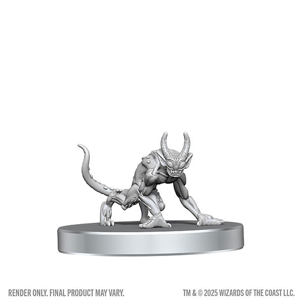 D&D Nolzur's Marvelous Miniatures: Bulezau & Quasit (PREORDER) - Gray unpainted plastic miniature of a hunched Bulezau demon with large horns and a whip-like tail on a round base.