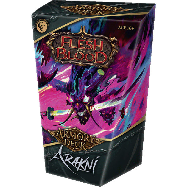 Flesh and Blood: Arakni Armory Deck - Purple and black fantasy-themed card game box with a fierce armored spider warrior illustration and gold-accented text.