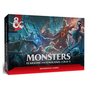 D&D 5e Reference Cards - Monsters: Fearsome and Ferocious CR 0-5 (PREORDER) - Rectangular box with fantasy artwork of monsters in battle, dark blue and red color scheme, labeled "Monsters Fearsome and.