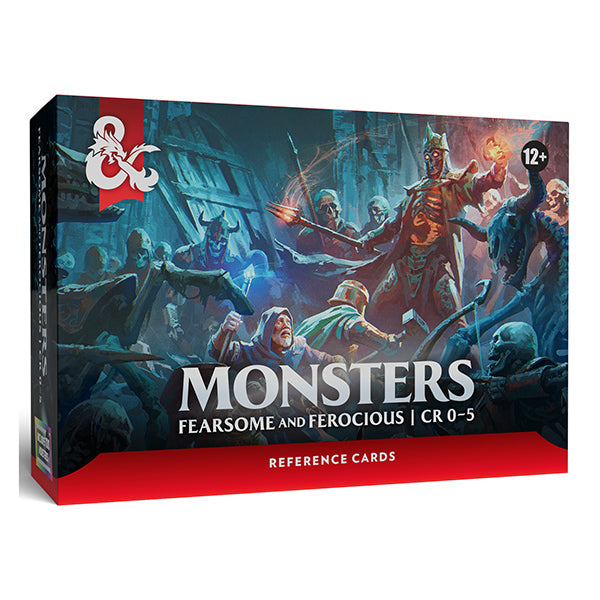 D&D 5e Reference Cards - Monsters: Fearsome and Ferocious CR 0-5 (PREORDER) - Rectangular box with fantasy artwork of monsters in battle, dark blue and red color scheme, labeled "Monsters Fearsome and.