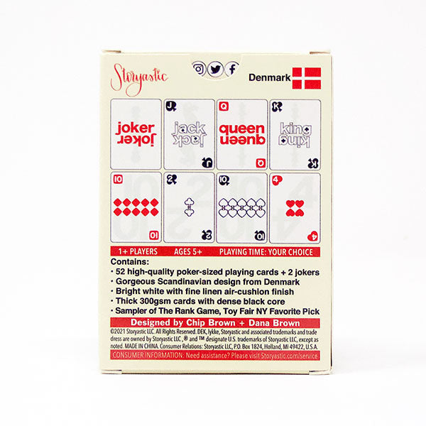 DEK Playing Cards: lykke (PREORDER) - White cardstock playing cards with red and black print featuring minimalist geometric and typographic designs, including.