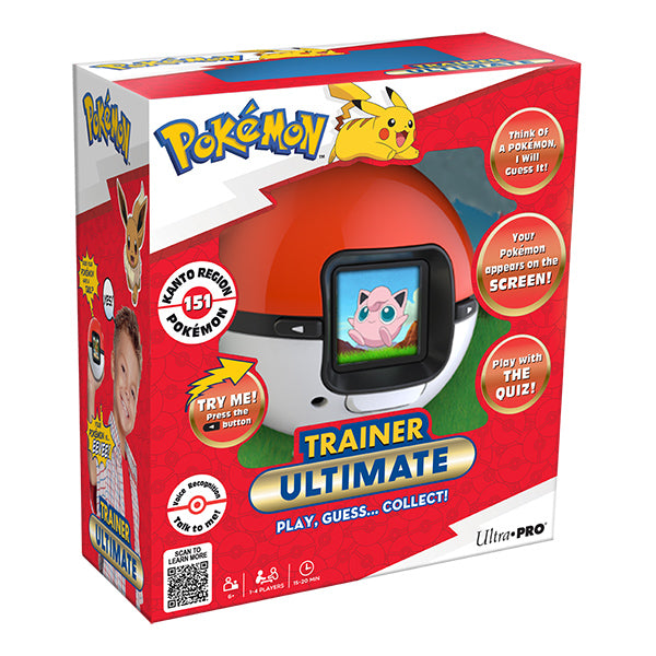 Pokemon Trainer Ultimate: Play, Guess… Collect! - Red and white Poké Ball-shaped electronic game device with a screen, packaged in a colorful Pokémon-themed box with Pikachu.