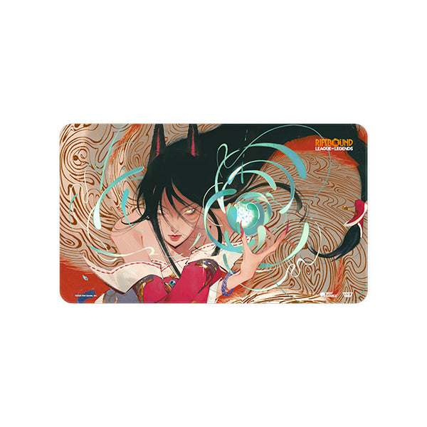 Playmat: Riftbound Origins - Ahri - Rectangular gaming playmat featuring dynamic illustration of Ahri from League of Legends with swirling blue magical effects.