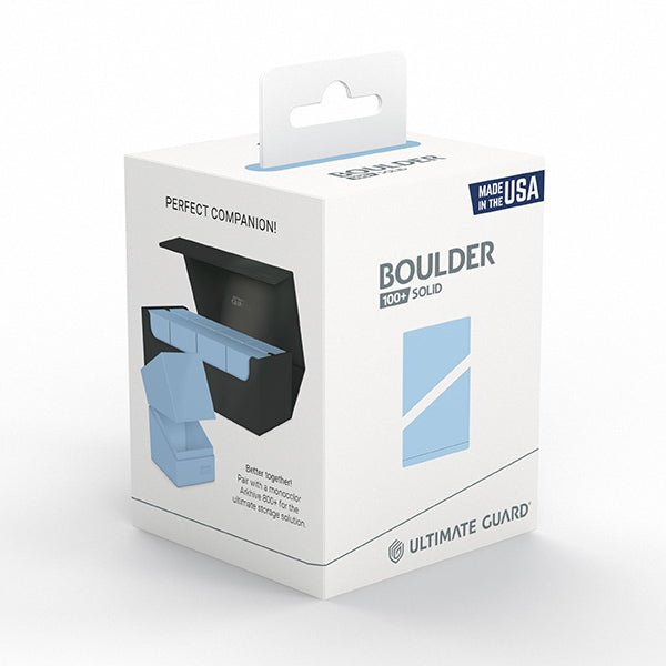 Deck Case: Boulder 100+ Standard Size- Solid Baby Blue - Solid baby blue rectangular deck case with a hinged lid, designed for standard-size cards, shown on white retail packaging.