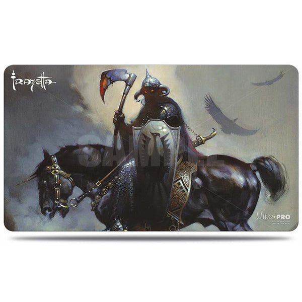 Ultra Pro Playmat: Frank Frazetta - Death Dealer (PREORDER) - Rectangular playmat featuring dark fantasy art of armored warrior with axe on horseback, muted color palette, signature in.