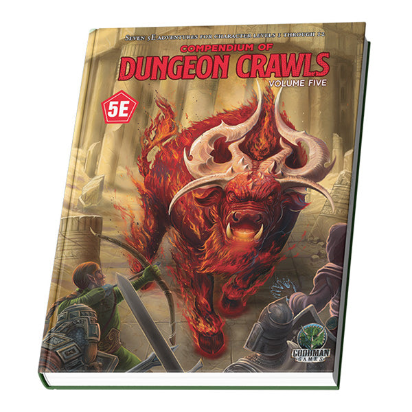 5e: Compendium of Dungeon Crawls Volume 5- A Collection of Quests (PREORDER) - Book cover featuring a fiery red dragon with large horns surrounded by armored warriors, titled "Compendium of Dungeon.