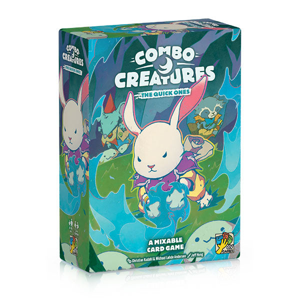 Combo Creatures: The Quick Ones (PREORDER) - Colorful game box featuring an illustrated white rabbit with pink ears wearing a purple and yellow cape, surrounded by.