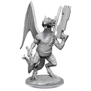 Starfinder Battles Deep Cuts: Dragonkin - Gray resin miniature of a dragon humanoid with large wings holding a futuristic gun, standing on a round base.