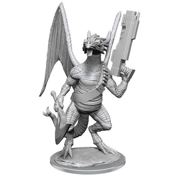 Starfinder Battles Deep Cuts: Dragonkin - Gray resin miniature of a dragon humanoid with large wings holding a futuristic gun, standing on a round base.