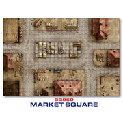 Gale Force Nine RPG Mat: Market Square (PREORDER) - Top-down view of a detailed RPG mat depicting a medieval market square with cobblestone paths, wooden stalls filled with.
