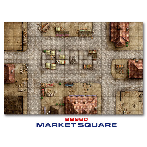 Gale Force Nine RPG Mat: Market Square (PREORDER) - Top-down view of a detailed RPG mat depicting a medieval market square with cobblestone paths, wooden stalls filled with.