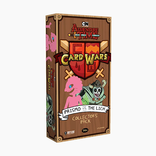 Adventure Time Card Wars: Prismo vs. The Lich, Collector's Pack (PREORDER) - Rectangular brown game box for Adventure Time Card Wars featuring colorful cartoon characters Prismo and The Lich on front.