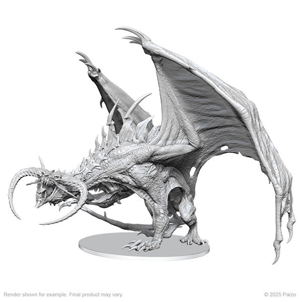 D&D Nolzur’s Marvelous Unpainted: Diabolic Dragon - Gray unpainted resin miniature of a horned, winged diabolic dragon with textured scales and extended wings.