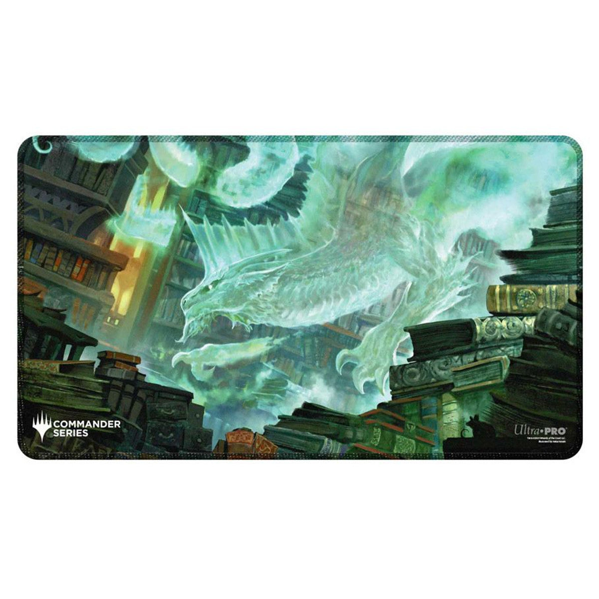 Playmat: Stitched Edge: Magic the Gathering: Commander Series: Miirym Sentinel Wyrm - Rectangular Magic the Gathering playmat with stitched edges featuring a ghostly green dragon soaring above ancient stone.