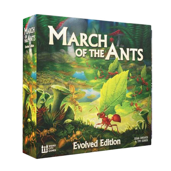 March of the Ants: Evolved Edition - Colorful board game box featuring ants carrying leaves in a forest setting with vibrant green and brown tones.