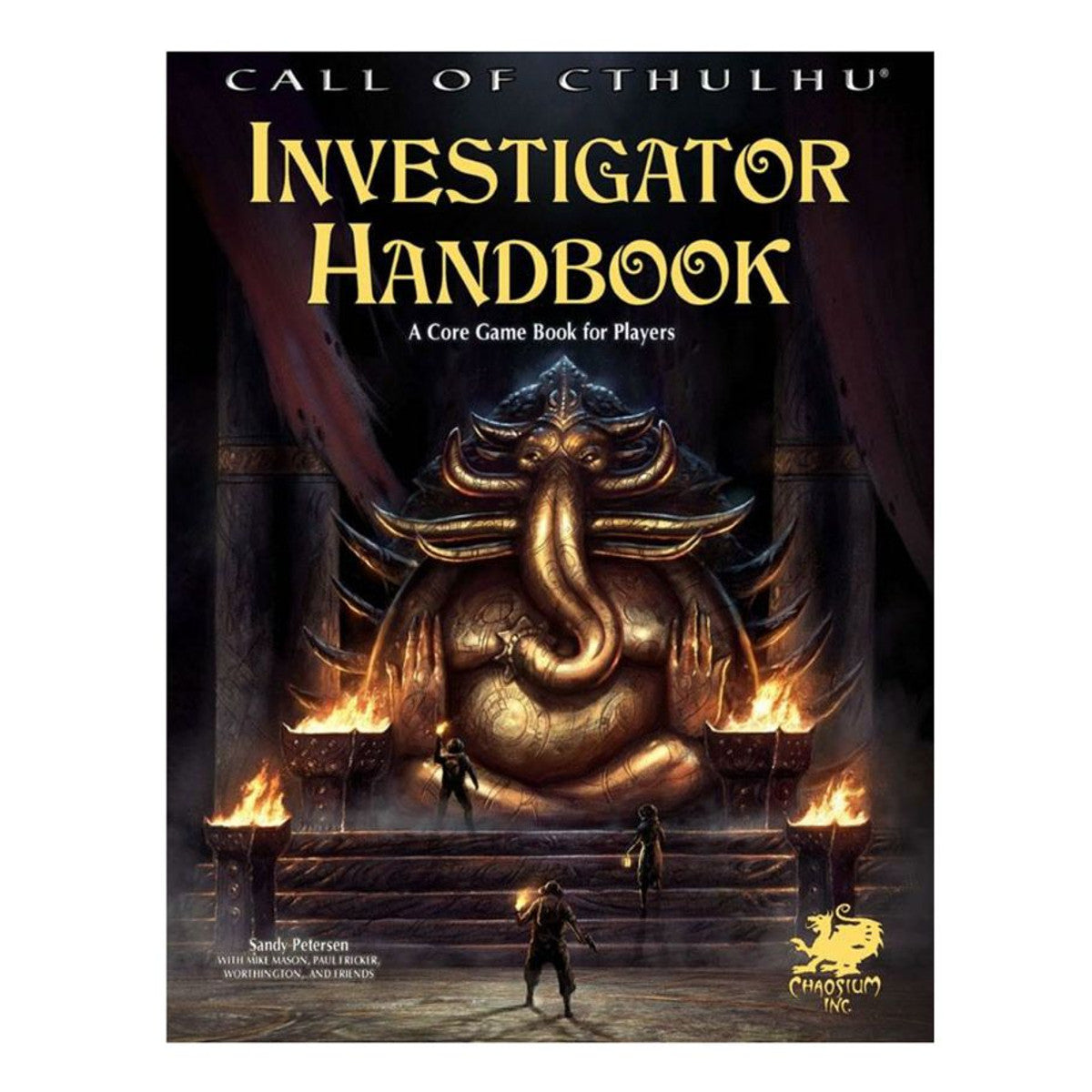 Call of Cthulhu 7E: Investigator's Handbook - Dark fantasy book cover with golden title "Investigator Handbook" and dark statue of an octopus-headed figure with tentacles.