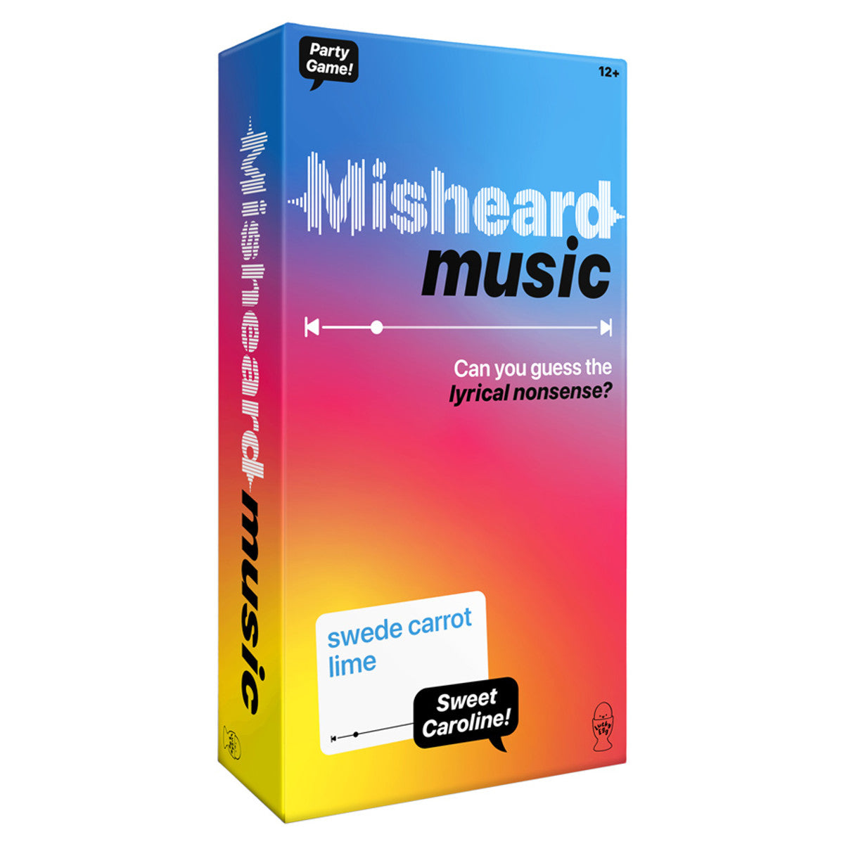 Misheard Music - Colorful rectangular box for Misheard Music game with gradient blue to pink background and white text.