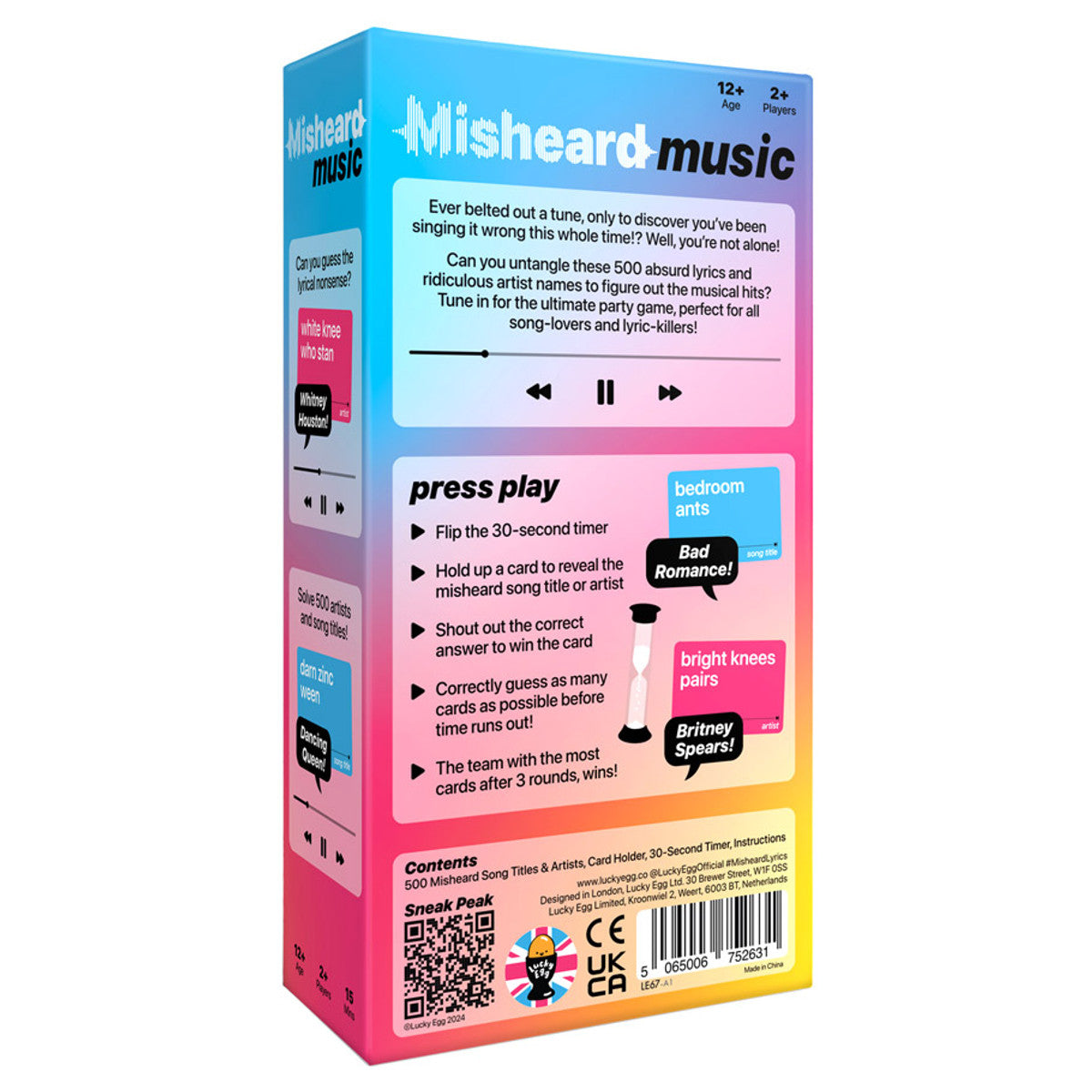 Misheard Music - Colorful rectangular box with blue, pink, yellow, and purple gradient background, titled "Misheard Music," featuring.