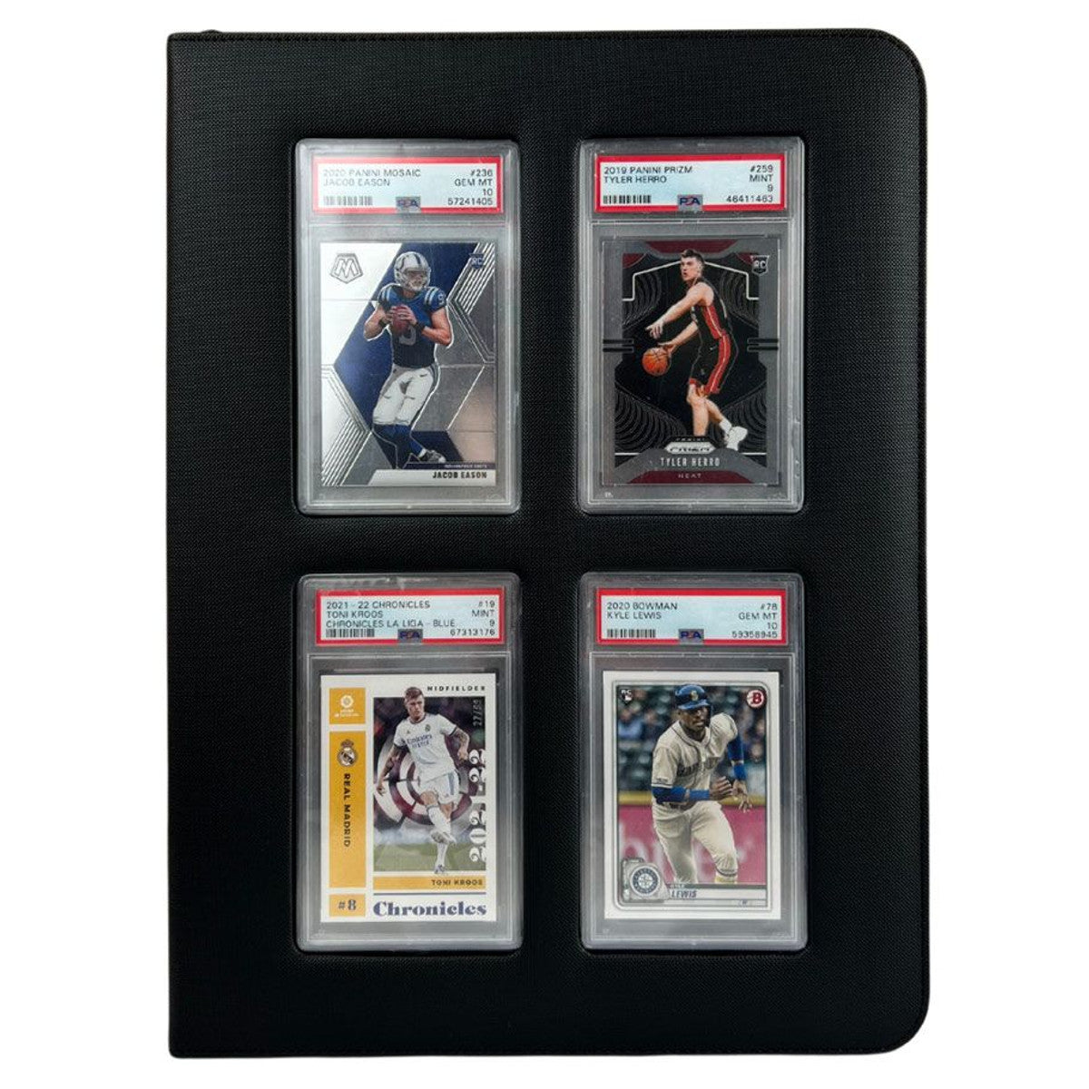 Slabbed Cards Binder: Black - Black binder page holding four slabbed, graded sports trading cards in clear plastic sleeves.
