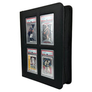 Slabbed Cards Binder: Black - Black textured binder with four transparent sleeves holding graded trading cards in a 2x2 layout.