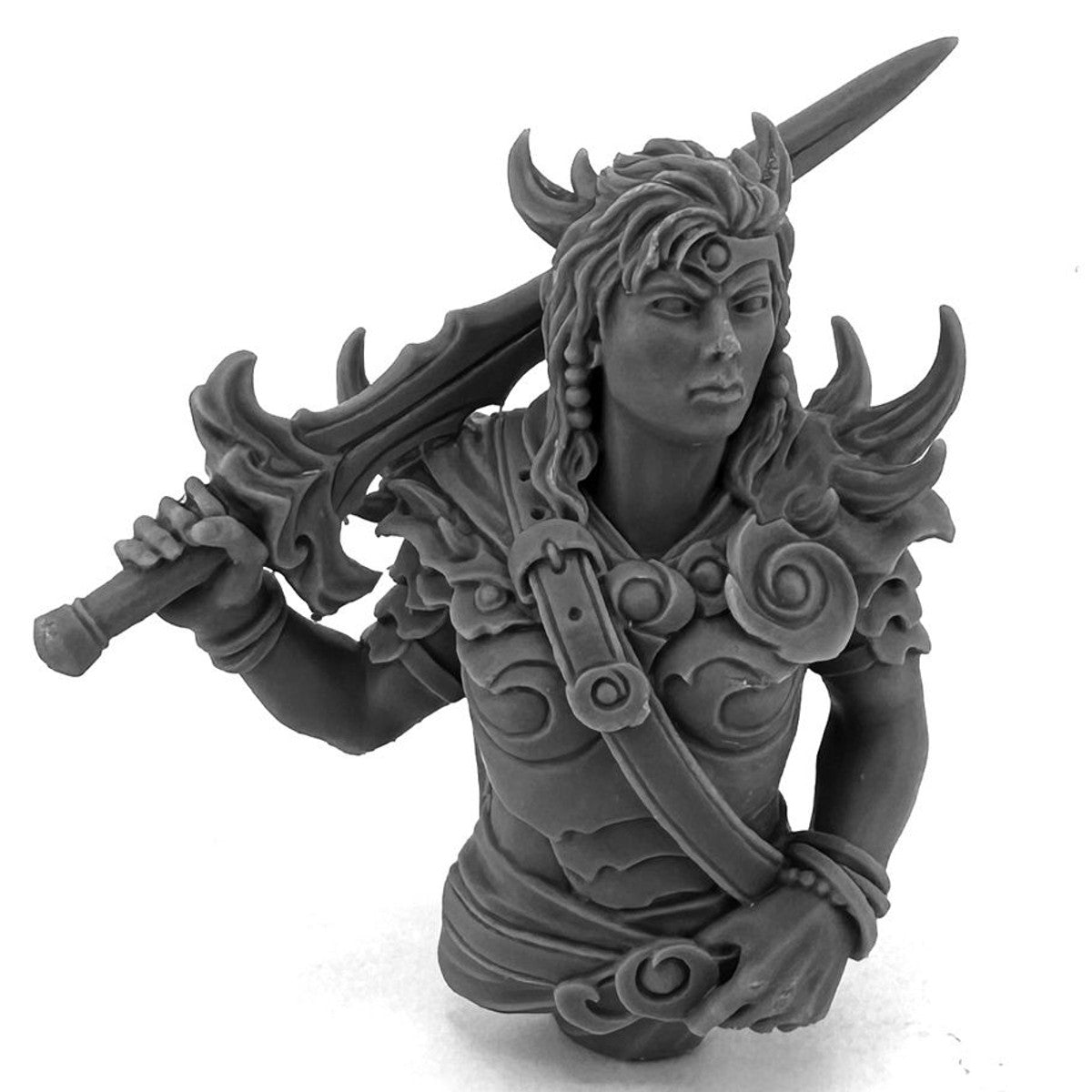 Meridh, Female Warrior (Bust) - Gray resin bust of a female warrior with spiked armor and a large sword resting on her shoulder.