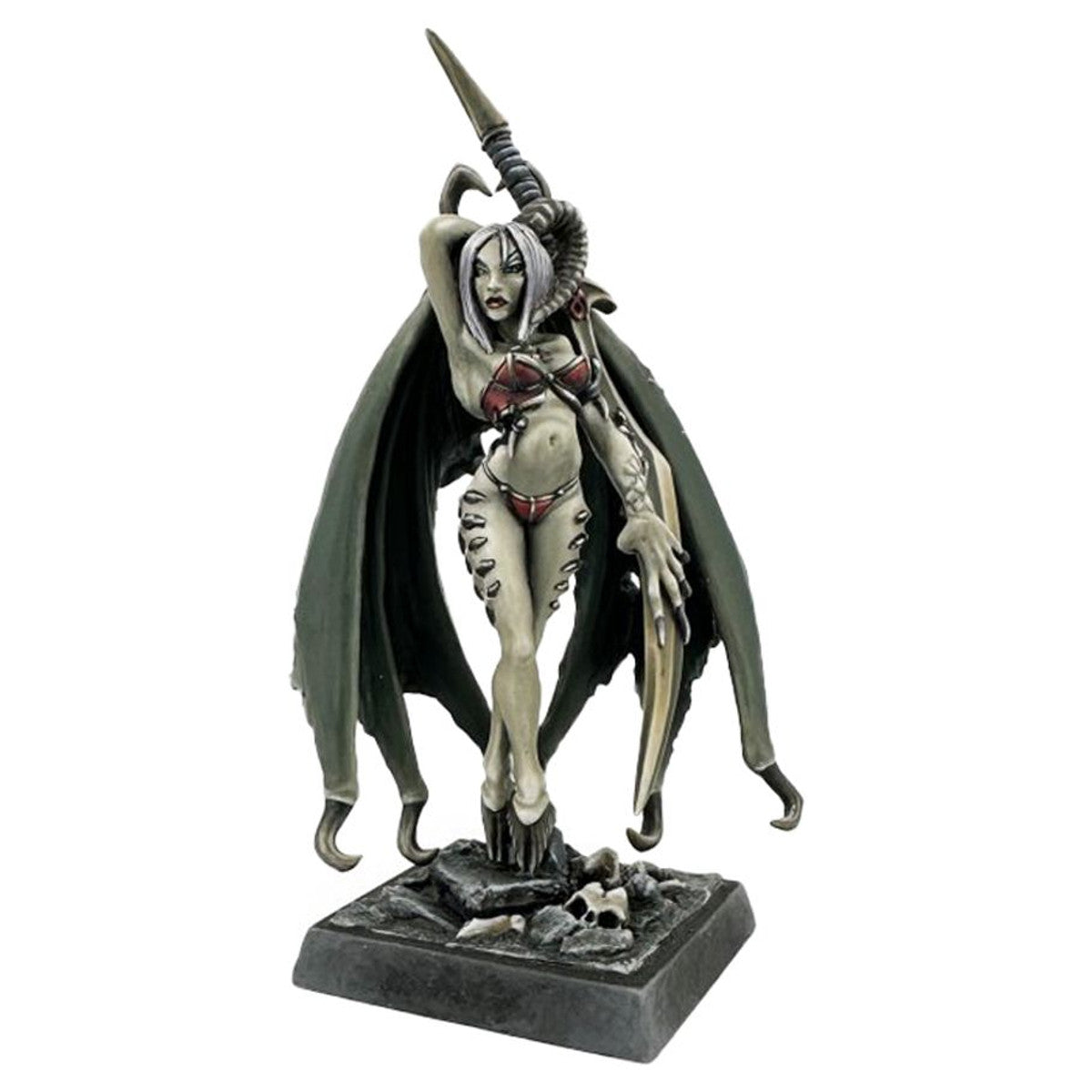 Succubus (Unpainted) - Unpainted gray resin succubus miniature with large bat-like wings, curved horns, and clawed feet on a square base with.