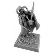 Chaos Sorceress - Gray plastic miniature of a sorceress with a horned helmet, flowing cape, staff topped with a skull, and detailed base with.