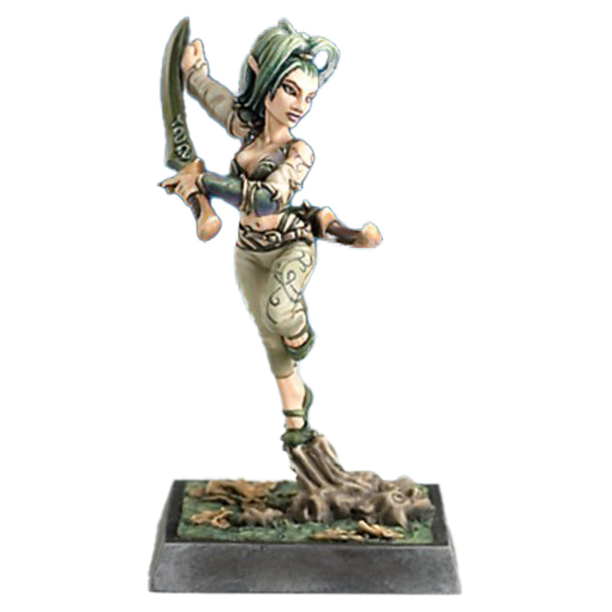 Raleah the Elder (Unpainted) - Unpainted resin miniature of a woman warrior with a curved sword, wearing tribal armor and standing on a twisted root base.