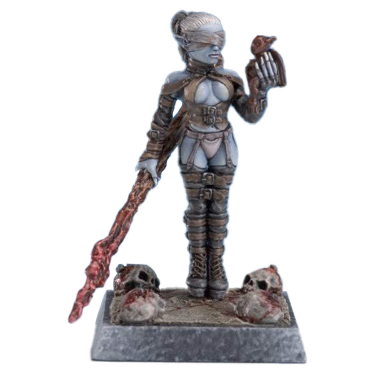Dark Elf Sorceress (Unpainted) - Unpainted dark elf sorceress miniature holding a twisted staff and a small bird, standing on a textured base with skulls and