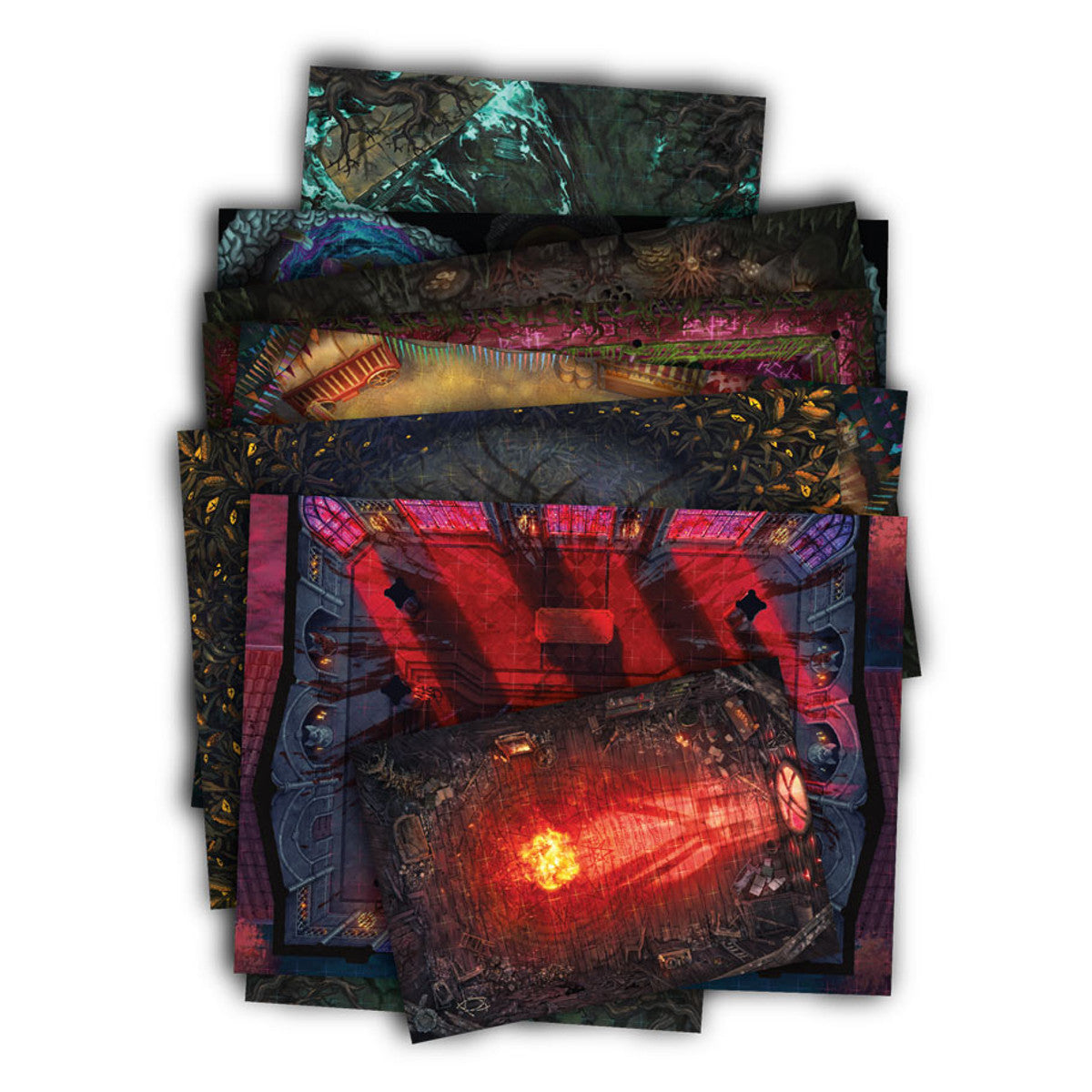 D&D 5E: The Crooked Moon: Tactical Map Pack - Stack of colorful, intricately detailed fantasy-themed tactical maps with dark, moody tones and glowing red highlights.