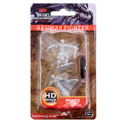 D&D Nolzur's Marvelous Miniatures: Male Aasimar Fighter - Unpainted white plastic miniature of male Aasimar fighter with sword and shield, packaged in blister pack.