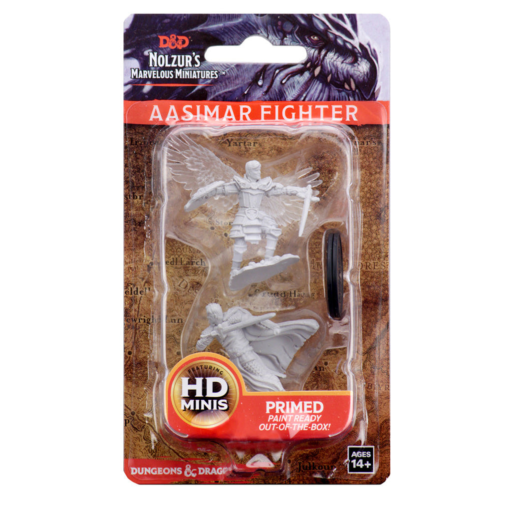 D&D Nolzur's Marvelous Miniatures: Male Aasimar Fighter - Unpainted white plastic miniature of male Aasimar fighter with sword and shield, packaged in blister pack.