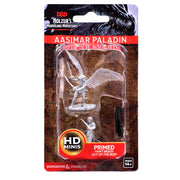 D&D Nolzur's Marvelous Miniatures: Aasimar Female Paladin - Unpainted gray plastic miniature of a female Aasimar paladin with large angelic wings, sword, and shield in blister pack.