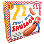 Swing Your Sausage - Colorful game box with a cartoon sausage swinging on a white rope against a yellow background and red checkered border.