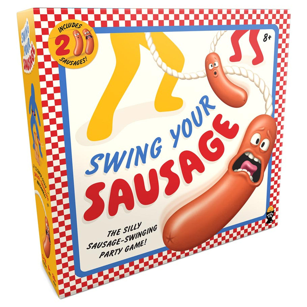 Swing Your Sausage - Colorful game box with a cartoon sausage swinging on a white rope against a yellow background and red checkered border.