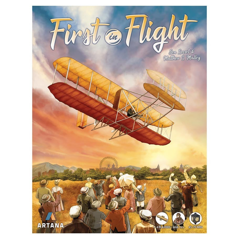 First in Flight Board Game - Board game box cover with vintage biplane flying above a crowd at sunset, titled First in Flight.