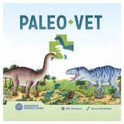 PaleoVet - Card game box with green and blue logo, featuring illustrated brown and blue dinosaurs in a prehistoric landscape.