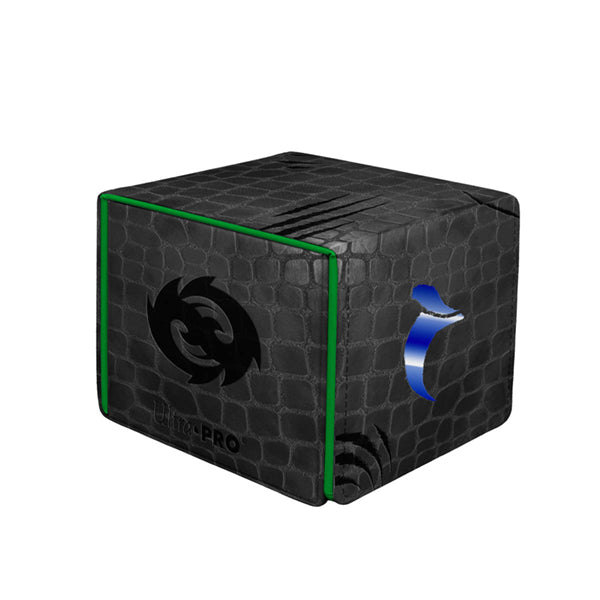 Alcove Edge Deckbox - Tarkir Dragonstorm - Teval, Arbiter of Virtue - 100+ - Black textured deckbox with green trim, featuring a stylized black spiral logo and a blue abstract design on the sides.