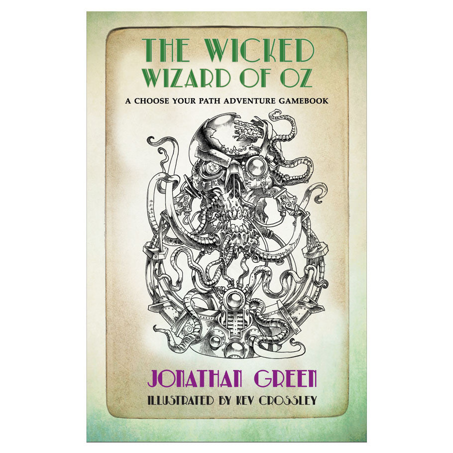 The Wicked Wizard of Oz RPG - Book cover with green border and text titled The Wicked Wizard of Oz by Jonathan Green, featuring detailed black ink.